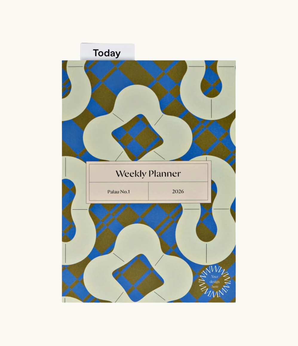 2026 weekly planner with tabbed page marker. Eco-friendly corporate gifts for women and branded swag idea.