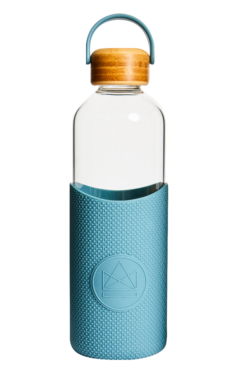 1L reusable glass water bottle with blue silicone sleeve and bamboo lid, sustainable branded merch and eco-friendly corporate gift