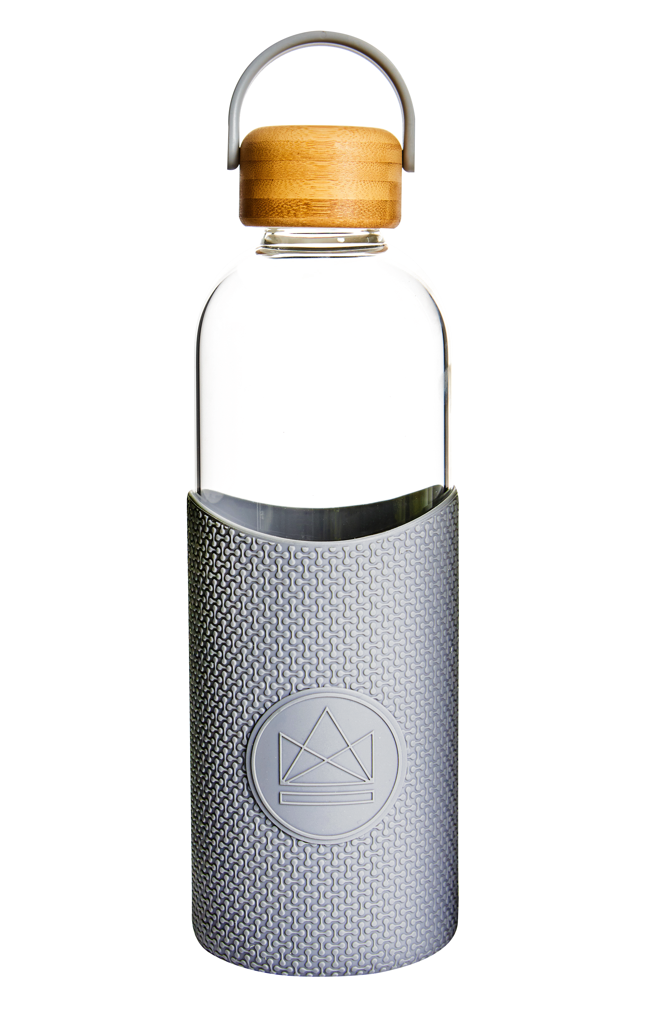 1L reusable glass water bottle with grey silicone sleeve and bamboo lid, premium branded merchandise and practical takeaway swag