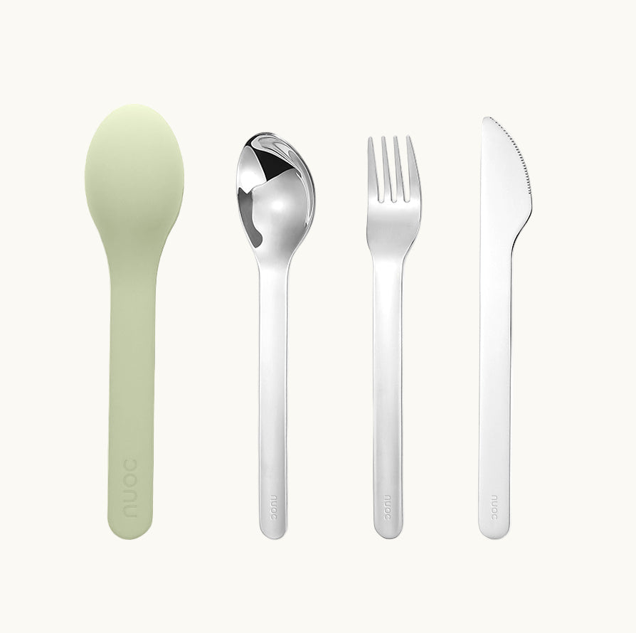 Green silicone case with stainless steel knife, fork and spoon. 100% recyclable, dishwasher safe custom swag for corporate events and employee engagement.