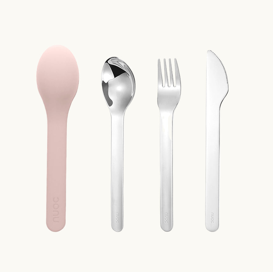 Stainless steel cutlery trio in pink silicone case. Sustainable branded merch and reusable custom swag for trekking trips