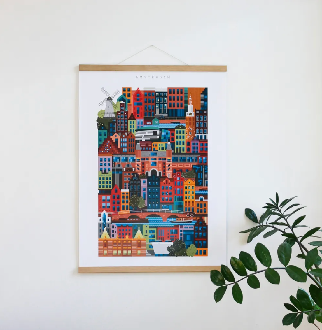 Amsterdam blockprint wall art featuring canals, bicycles and historic buildings. Unique sustainable corporate gift for clients.