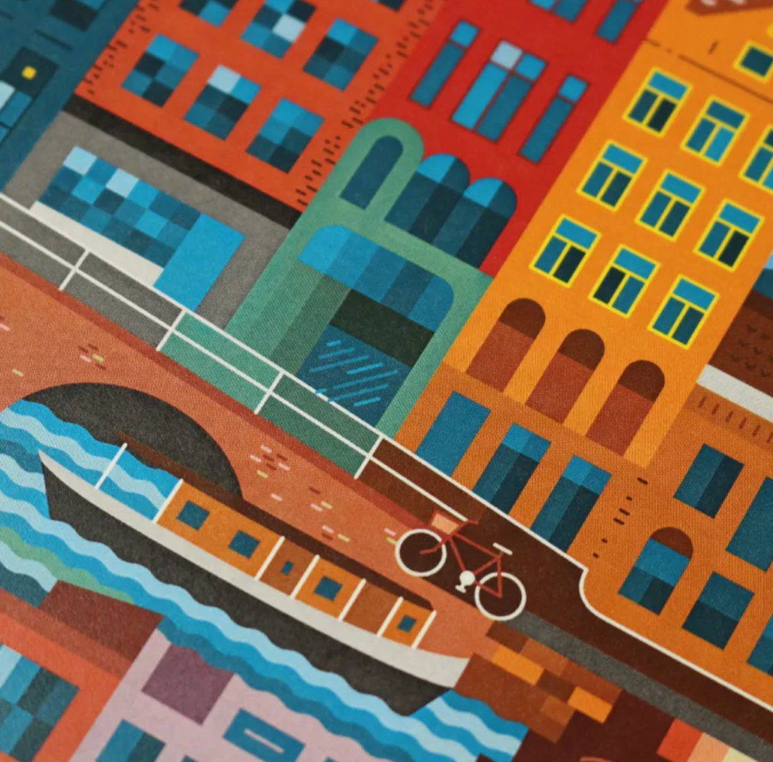 Detail of Amsterdam blockprint artwork. Ideal sustainable employee appreciation gift for offices and teams.