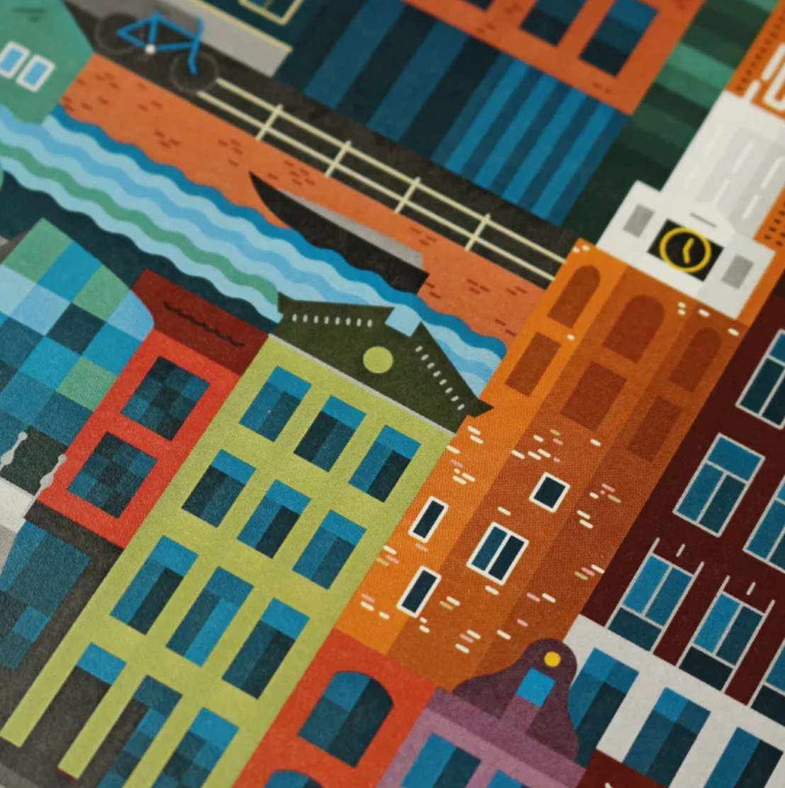 Detail of Amsterdam blockprint artwork. Thoughtful thank you gifts for clients, colleagues and business partners.