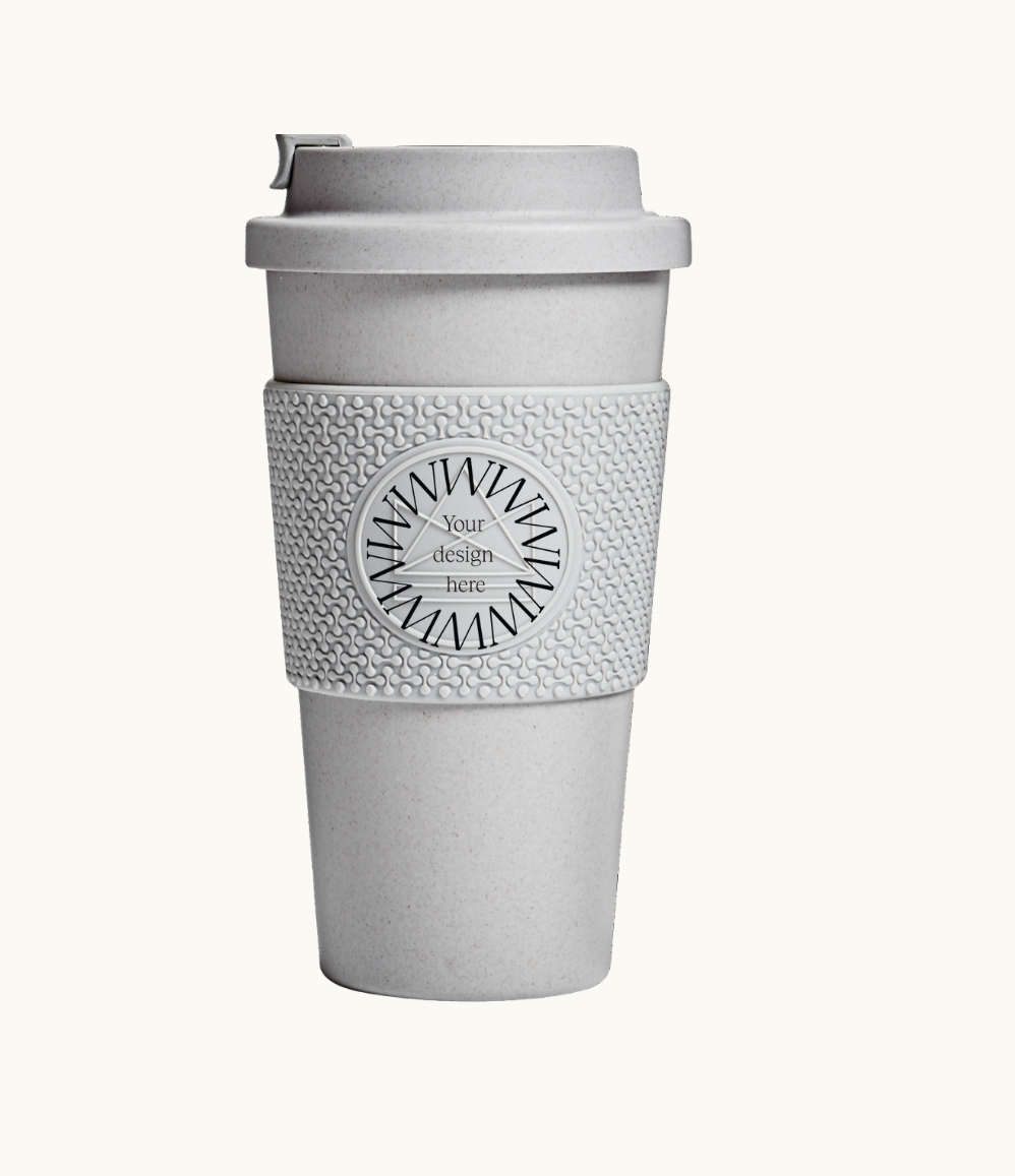 Grey compostable 16oz tumbler with lid, co-brand for sustainable merch and premium eco swag from women-owned brands