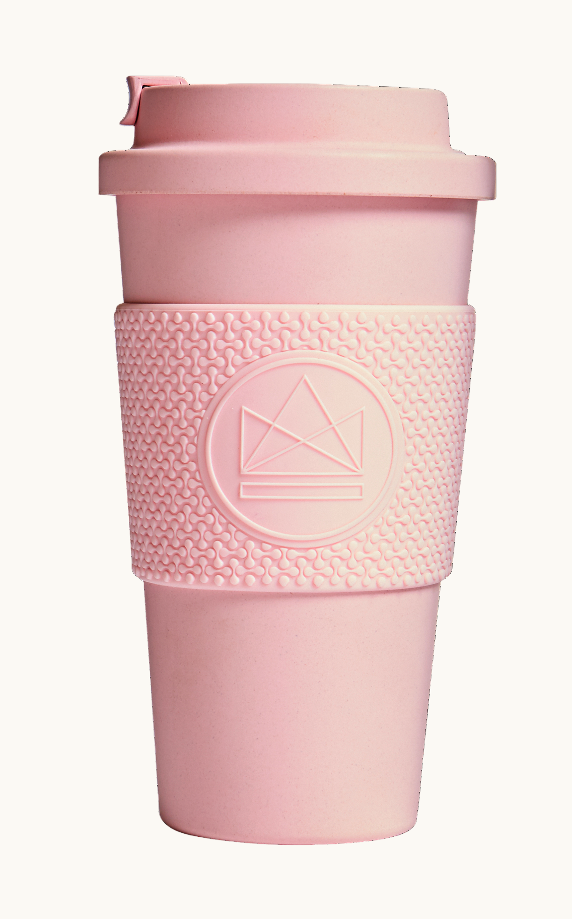 Pink compostable 16oz tumbler with lid, co-brand for sustainable merch and eco swag from women-owned brands