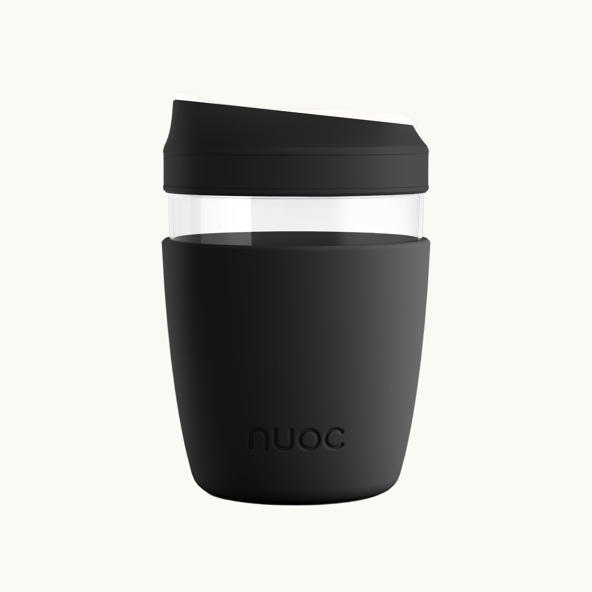Black reusable takeaway glass coffee cup with lid 350ml, premium branded merch, eco swag and sustainable corporate gift from women-owned brands