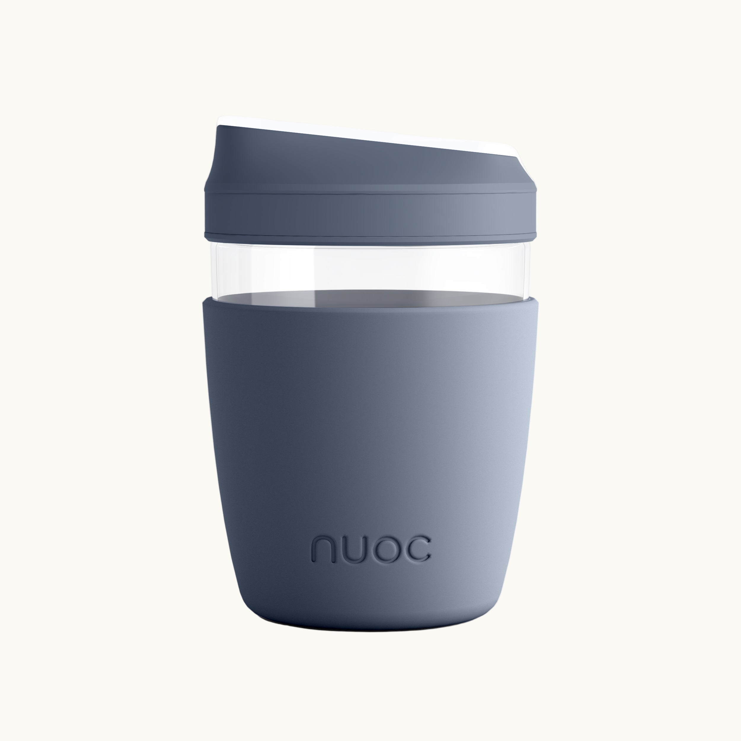 Dark blue reusable takeaway glass coffee cup with lid 350ml, premium branded merch, eco swag and sustainable corporate gift from women-owned brands