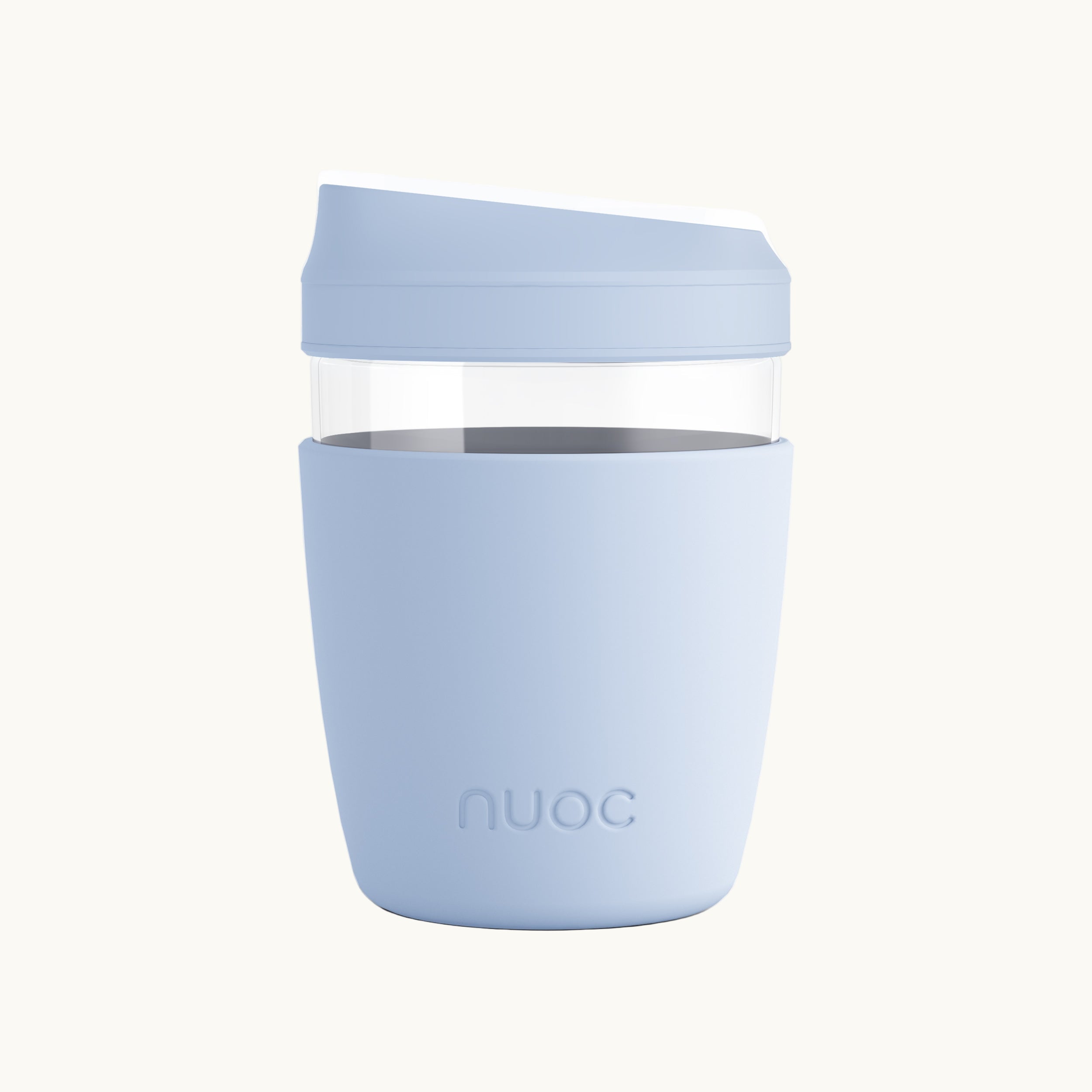 Light blue reusable takeaway glass coffee cup with lid 350ml, premium branded merch, eco swag and sustainable corporate gift from women-owned brands