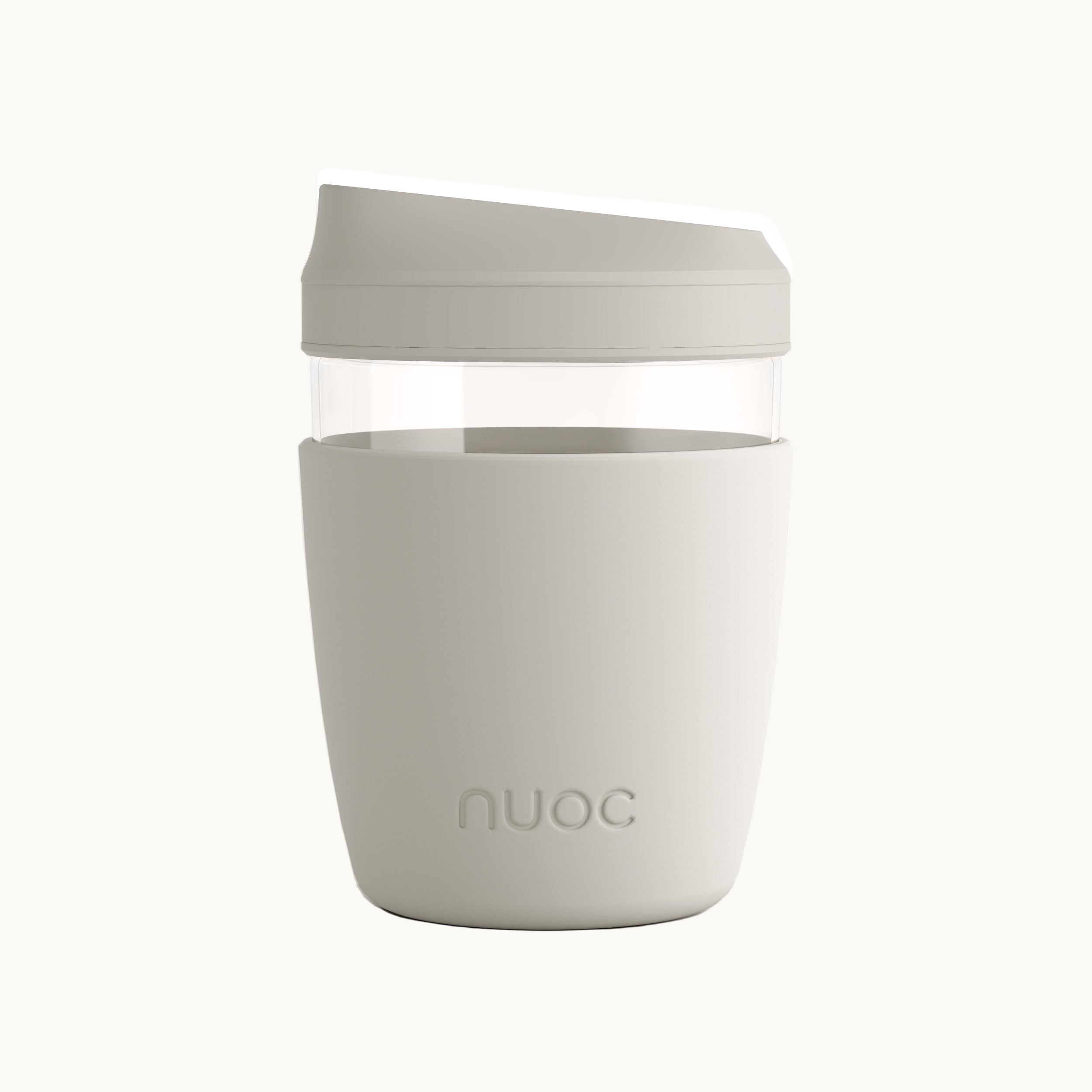Light grey reusable takeaway glass coffee cup with lid 350ml, premium branded merch, eco swag and sustainable corporate gift from women-owned brands