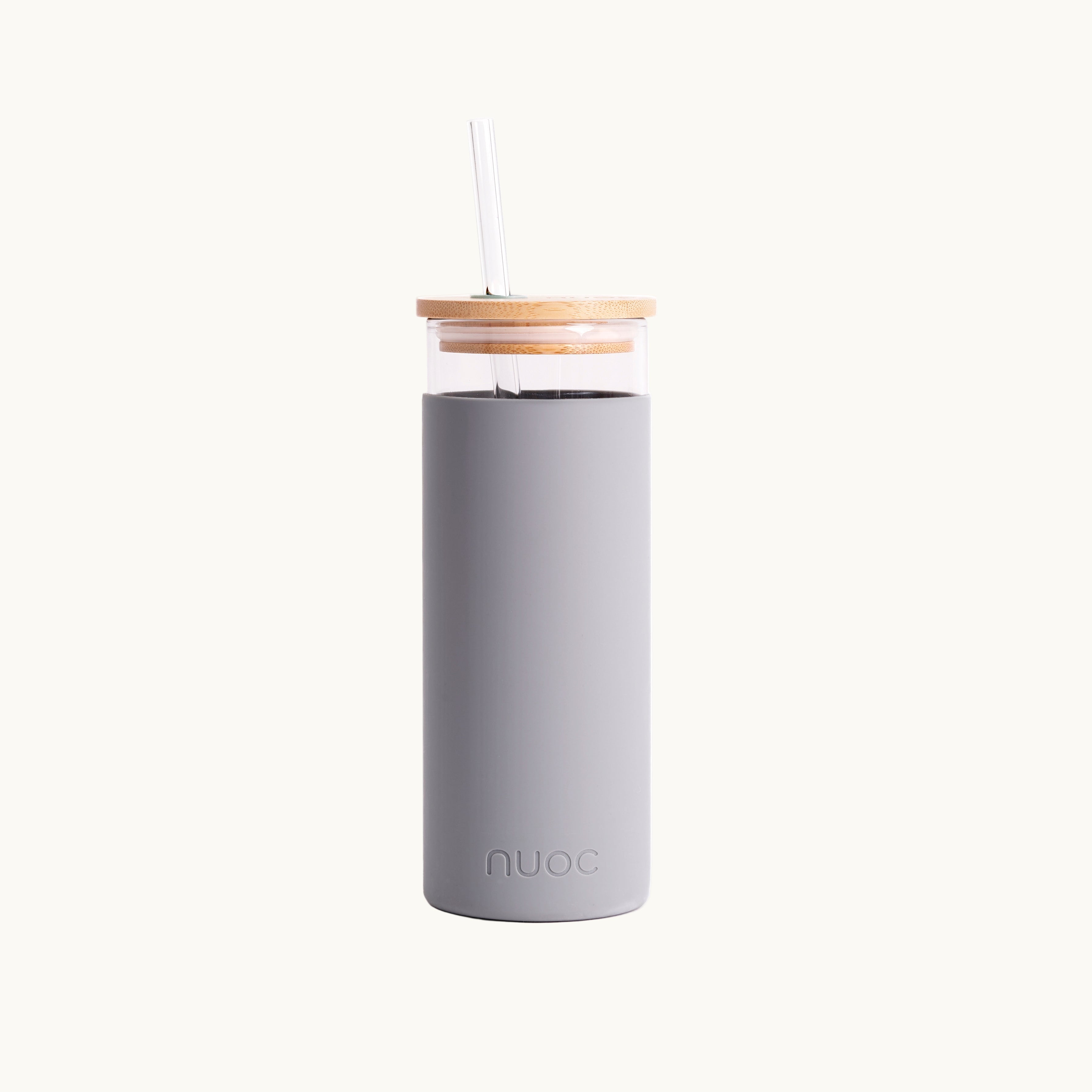 Grey glass cup with lid and straw sustainable giveaways