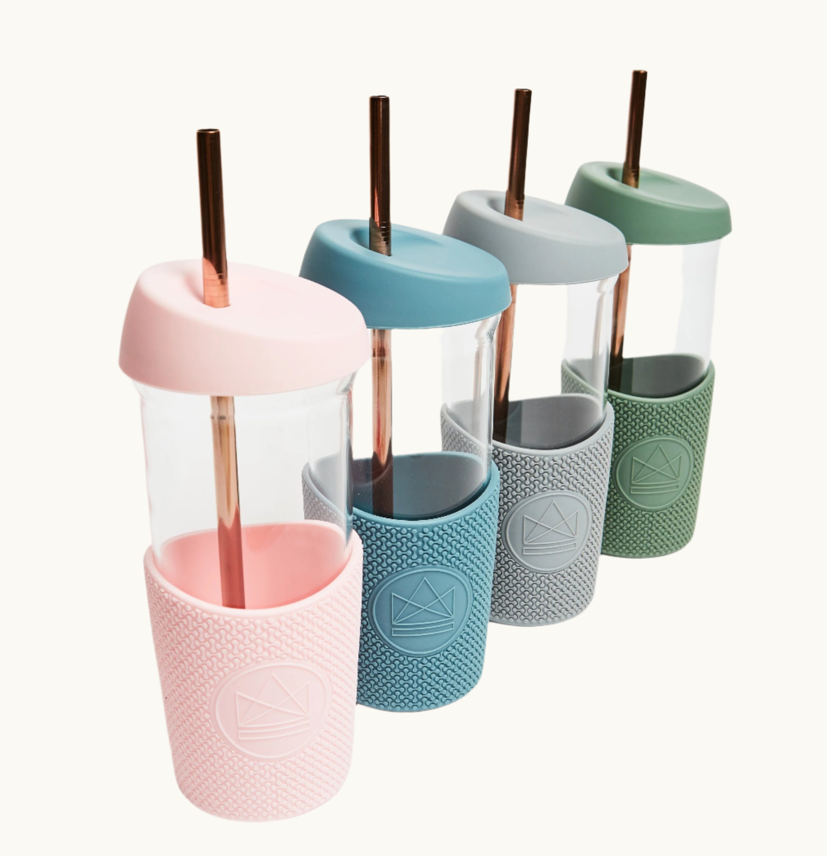 Side view glass smoothie cup with sleeve and straw, premium eco swag for conference giveaways