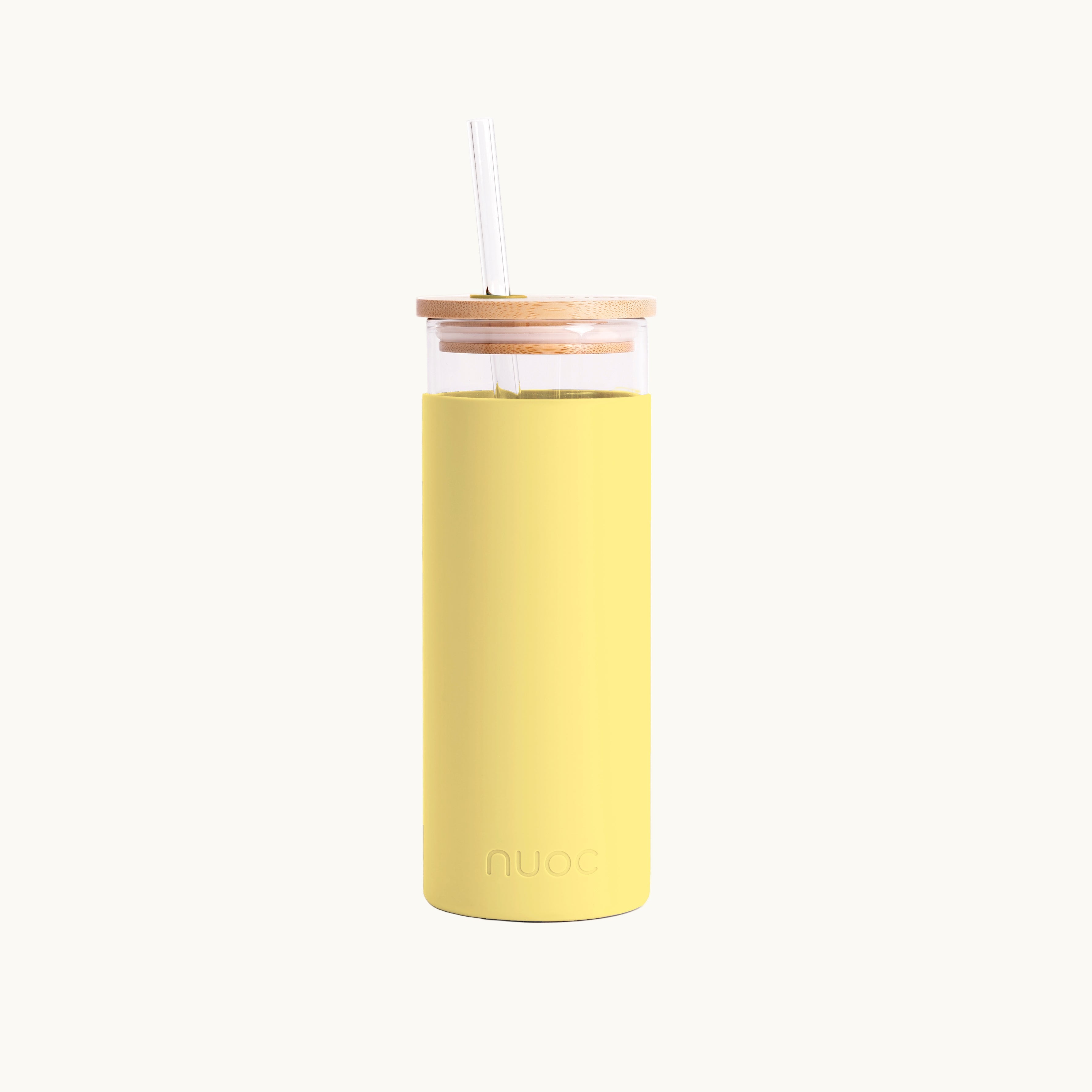 Yellow NUOC glass tumbler 450ml with lid and straw, high-quality branded merch, sustainable eco swag and reusable corporate gift