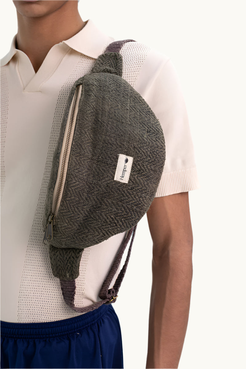 Side view hemp crossbody Nepal bag, eco branded swag for client or event gifts.