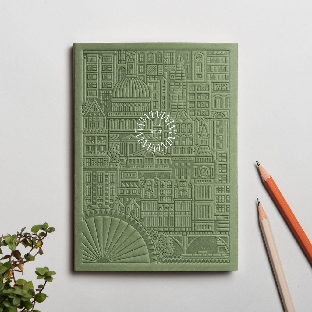 Debossed London notebook in green, premium sustainable notebook