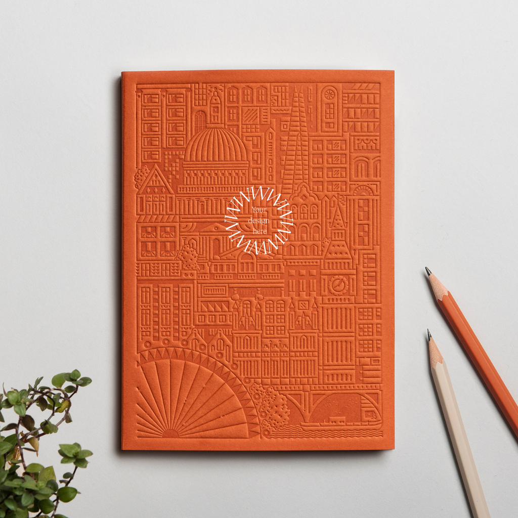 Debossed London notebook in orange, eco swag for events