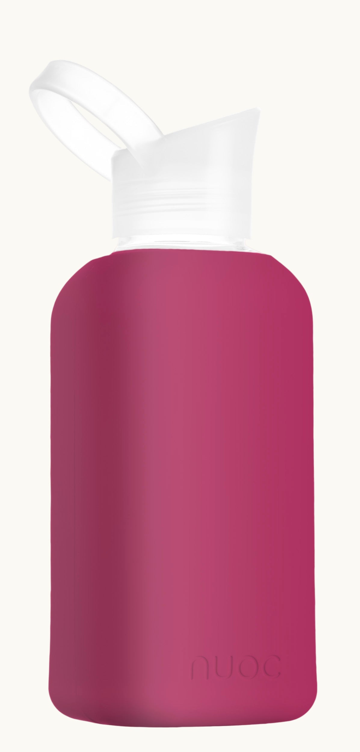 NUOC eco glass bottle with raspberry silicone sleeve, 500ml premium swag for conference giveaways and sustainable corporate goodies