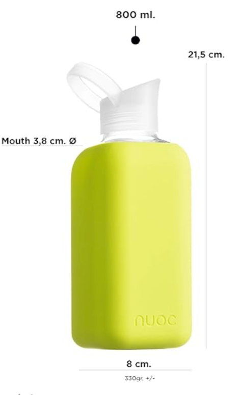 Measurement guide of 800ml Nuoc reusable glass bottle with silicone sleeve, eco-friendly corporate swag and branded merchandise
