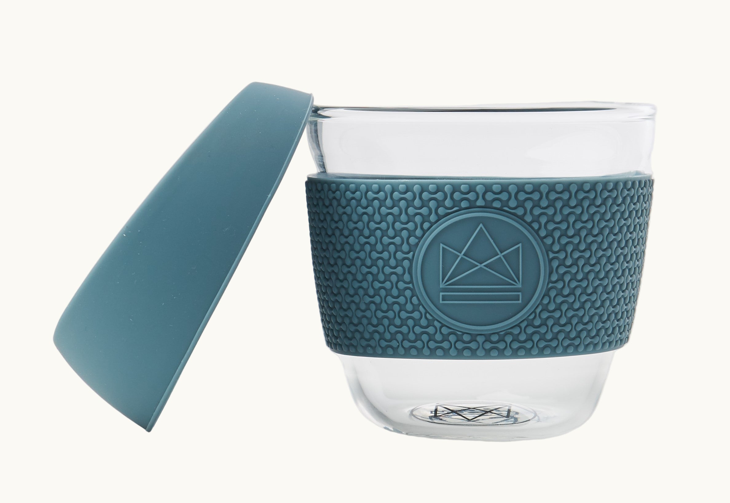 Blue reusable glass coffee cup with thermal sleeve, co-branded for eco swag