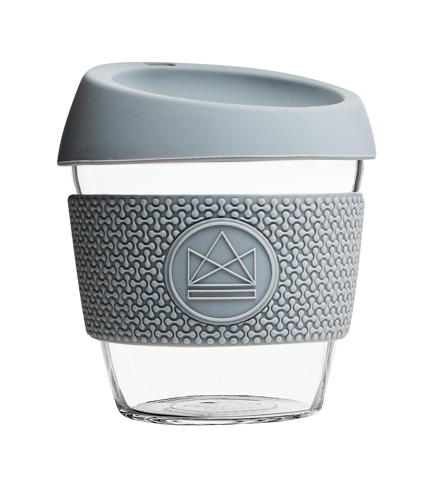 Grey reusable glass coffee cup with thermal sleeve, co-branded for premium merch.