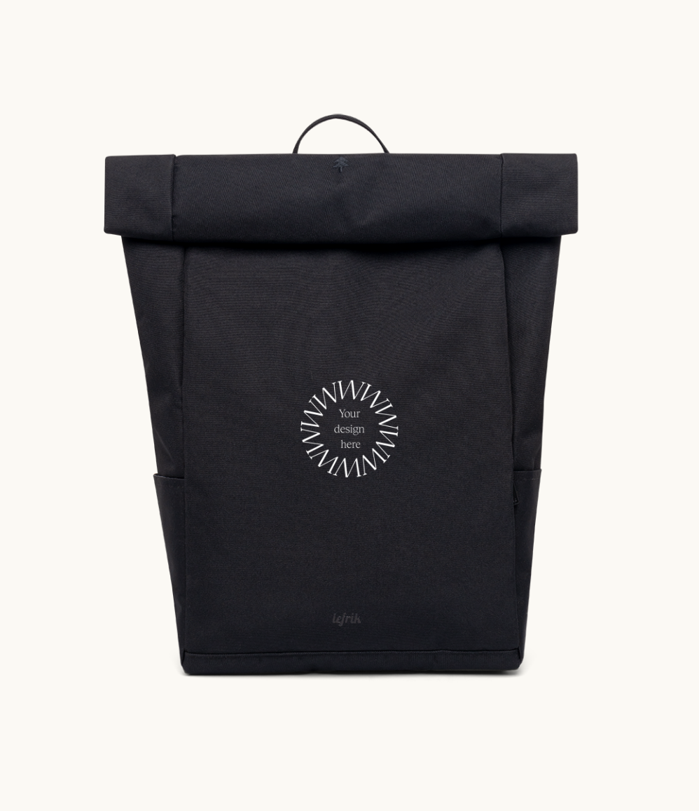 Sustainable branded merchandise roll top 15L backpack in black with padded straps, made from 24 recycled PET bottles.