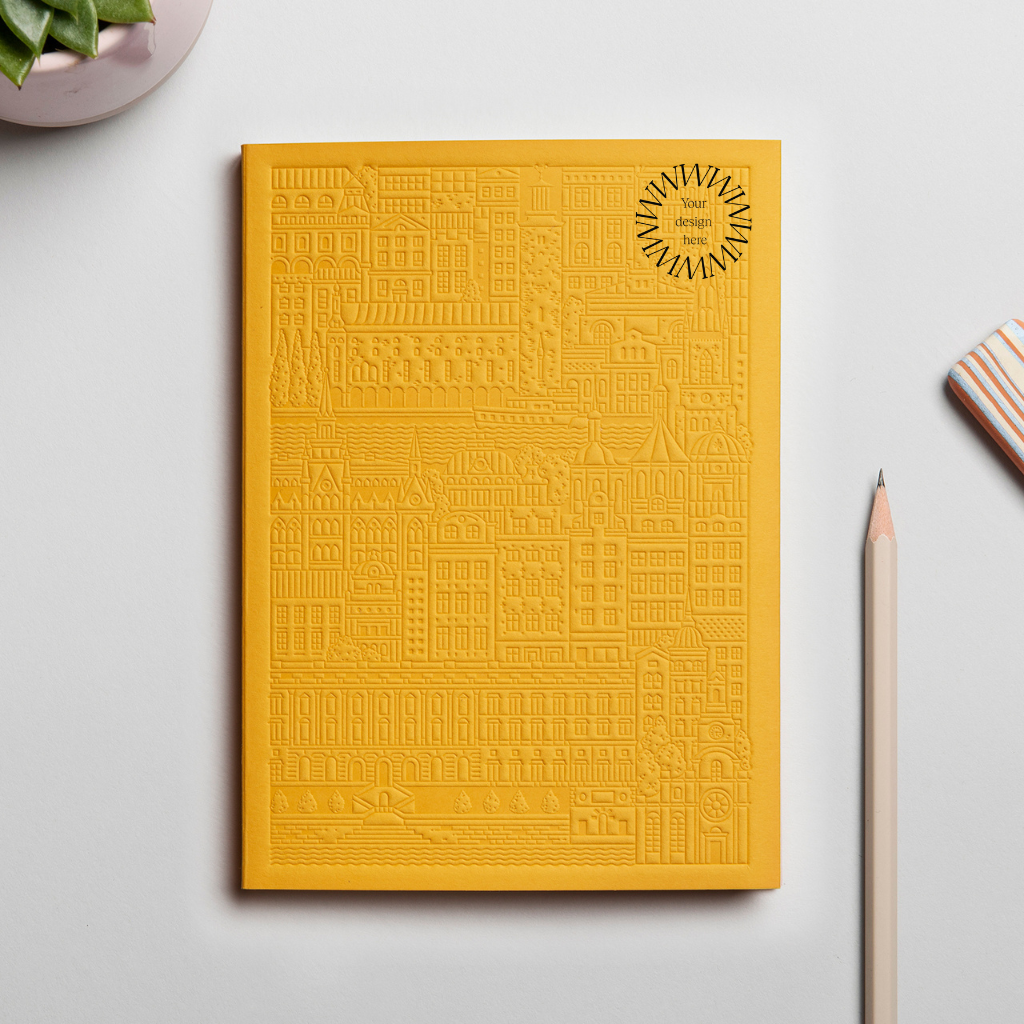 Debossed Stockholm notebook in yellow. Premium branded notebook from women-owned brands.