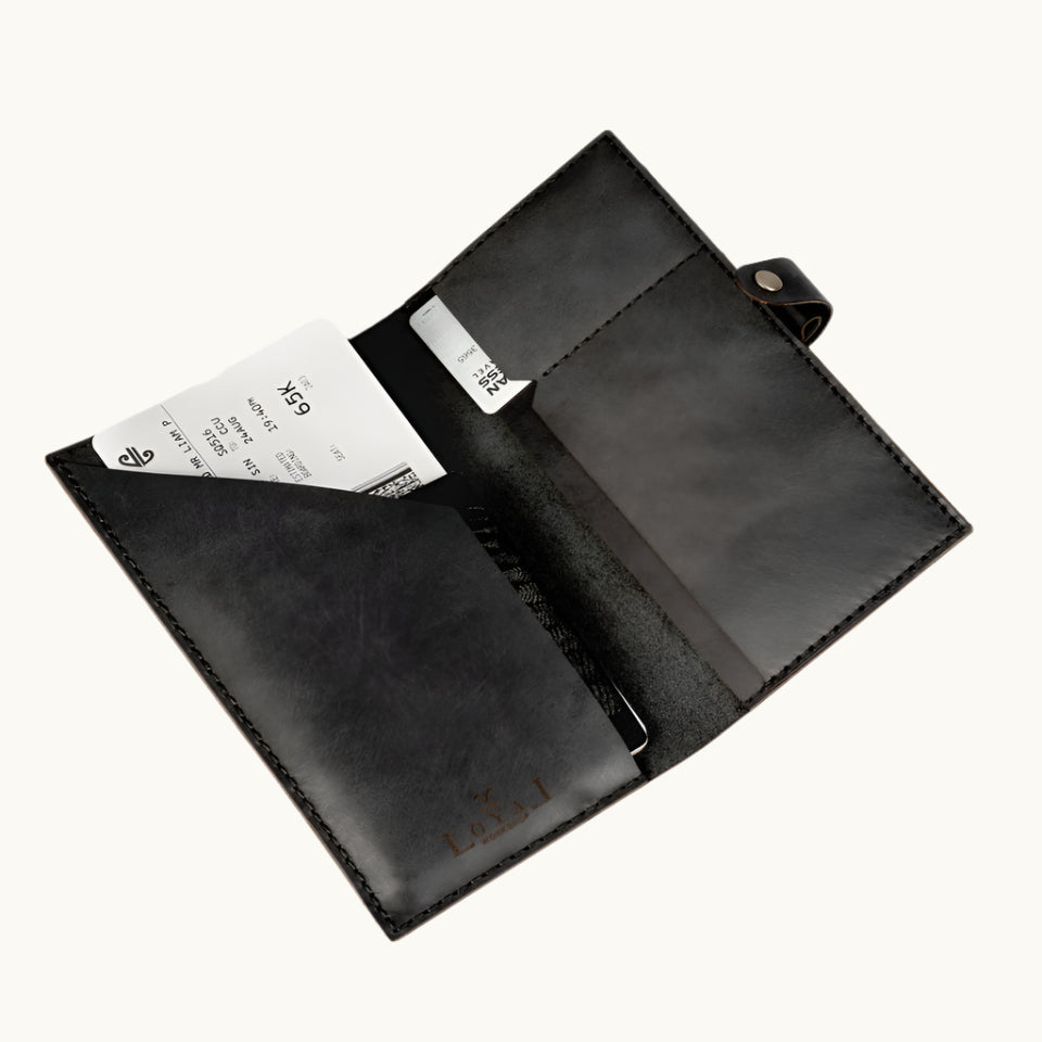 Black vegan leather passport holder for executive corporate gifts