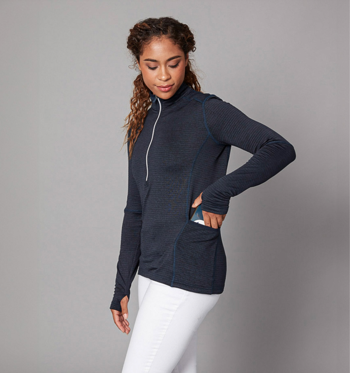 Women's zip neck jumper sustainable branded company swag for corporate events and staff gifts.