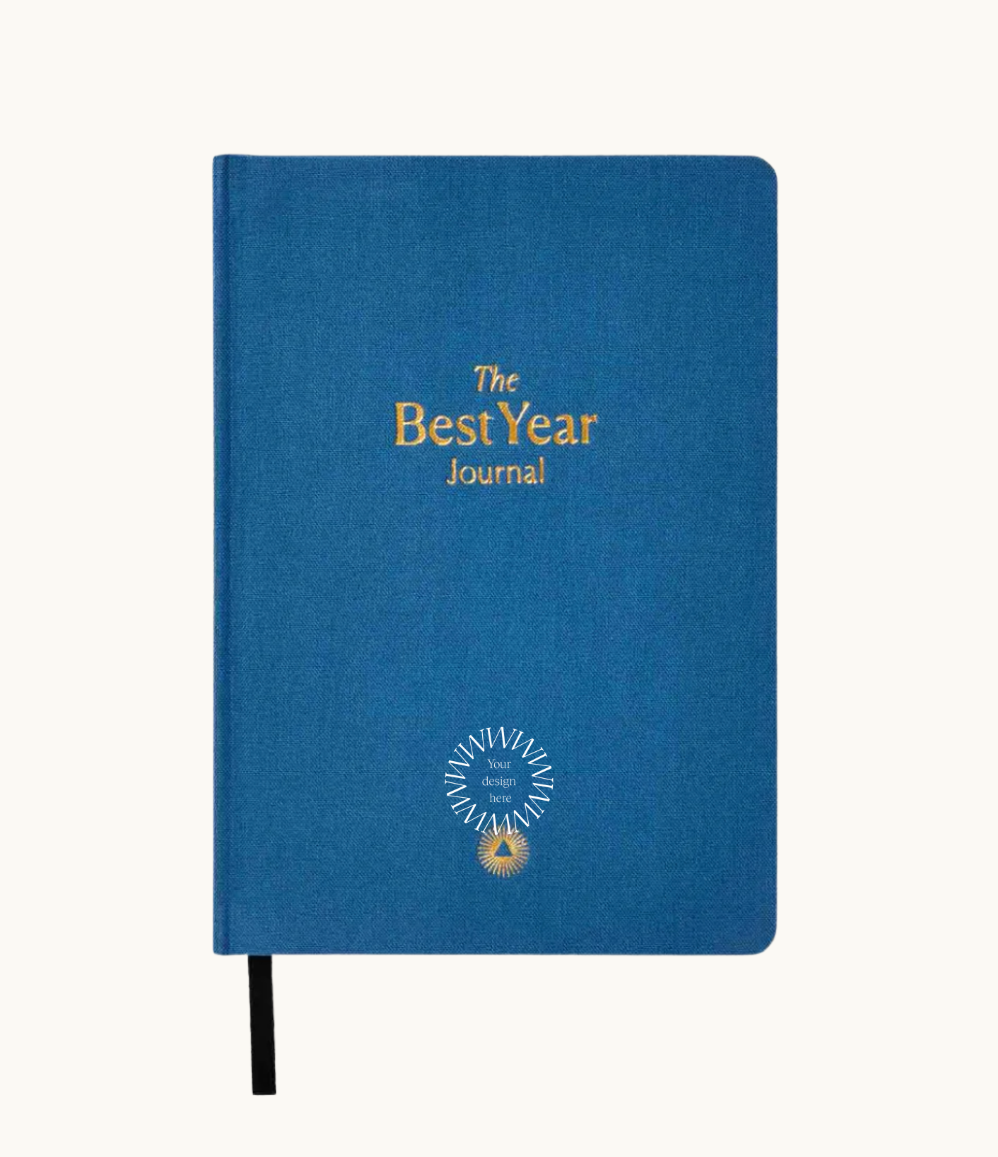 Yearly Growth Journal Planner in blue linen cover, sustainable branded business stationery and ideal corporate gift for employees and clients.