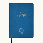 Yearly Growth Journal Planner in blue linen cover, sustainable branded business stationery and ideal corporate gift for employees and clients.