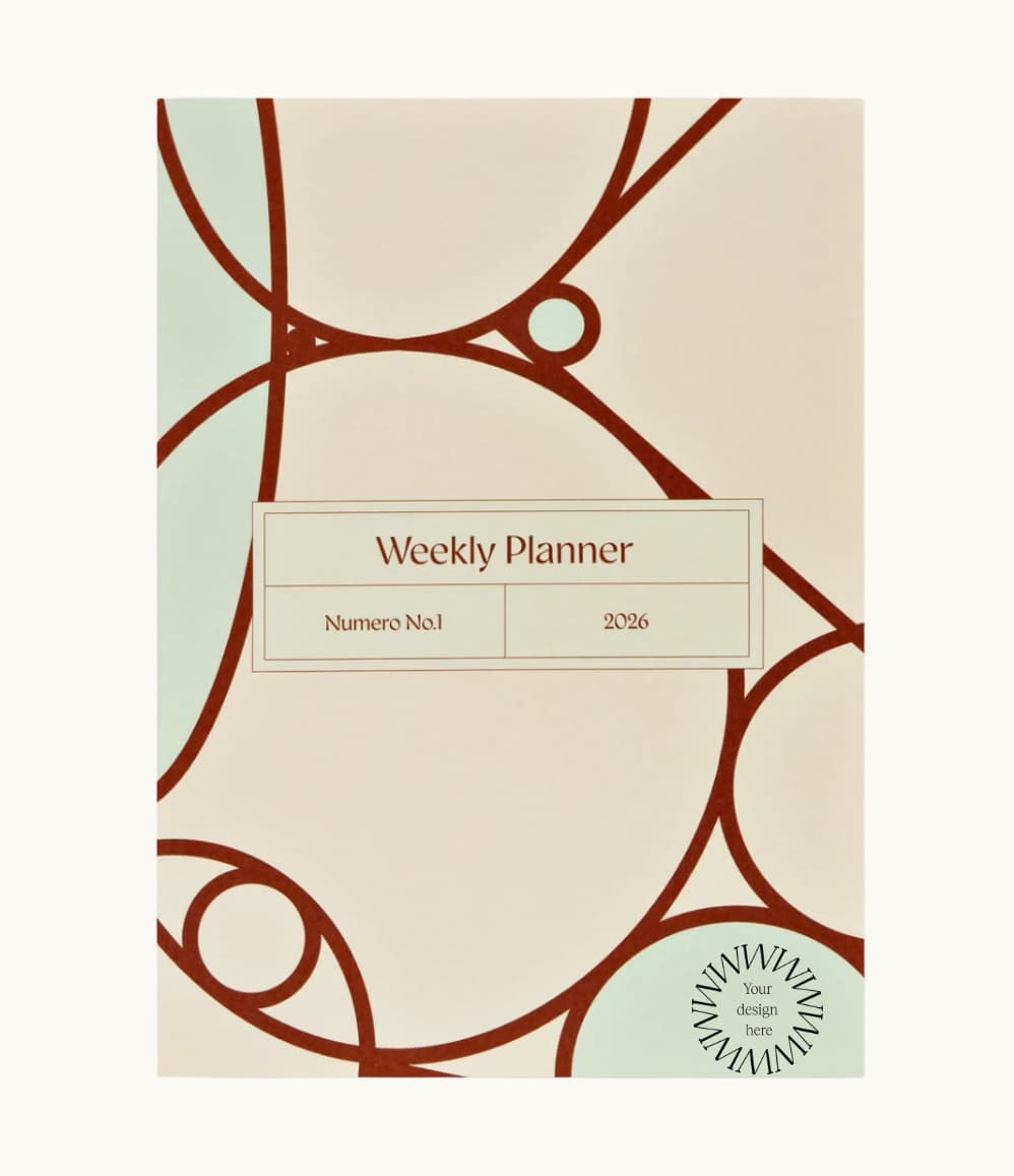 A5 2026 weekly planner with graphic print cover. Personalised corporate gift for clients and employees.