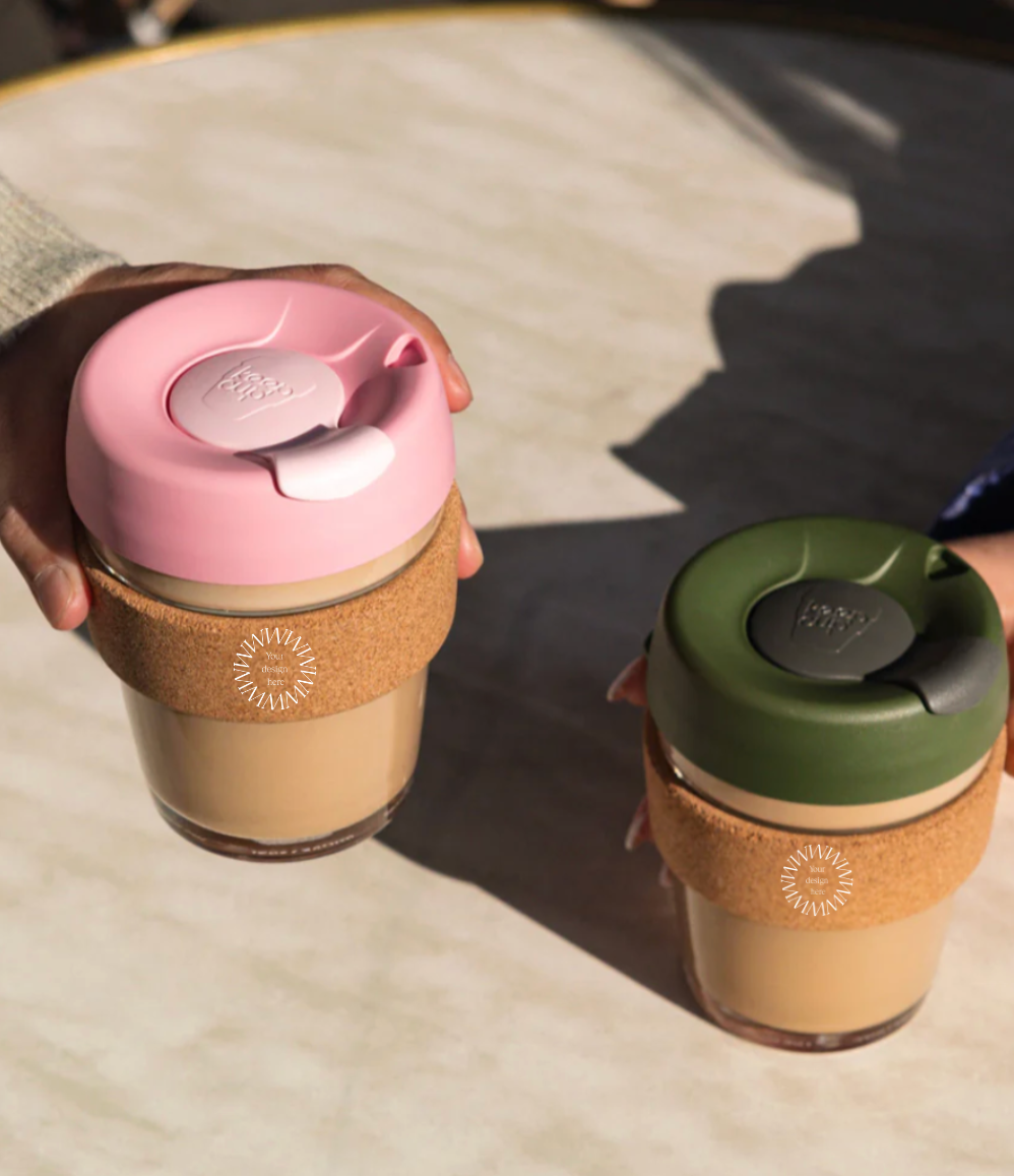 12oz reusable glass cup with natural cork band, sustainable corporate gift for employees and clients.