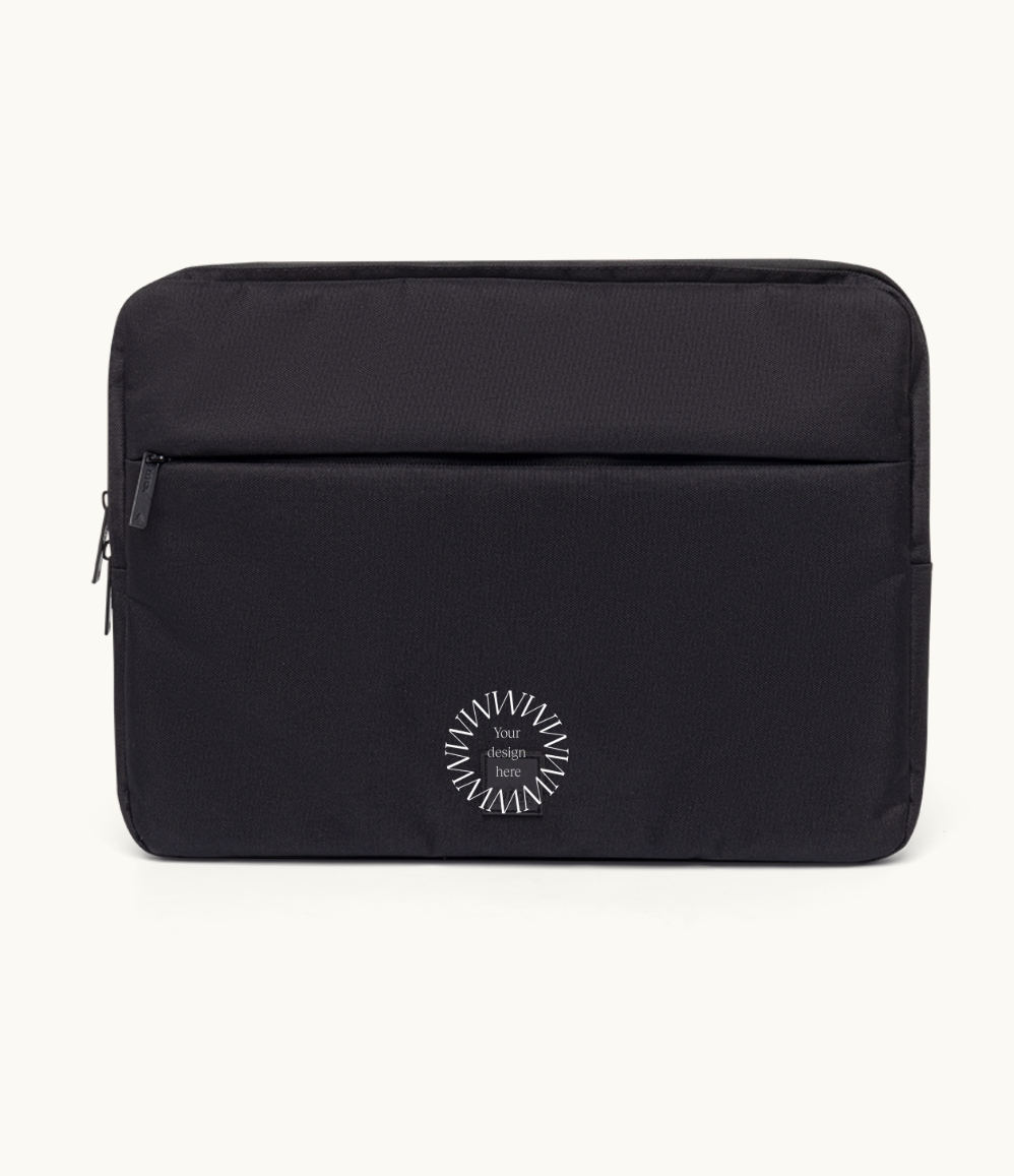 13-inch black laptop sleeve made from 10 recycled PET bottles, sustainable corporate gift.