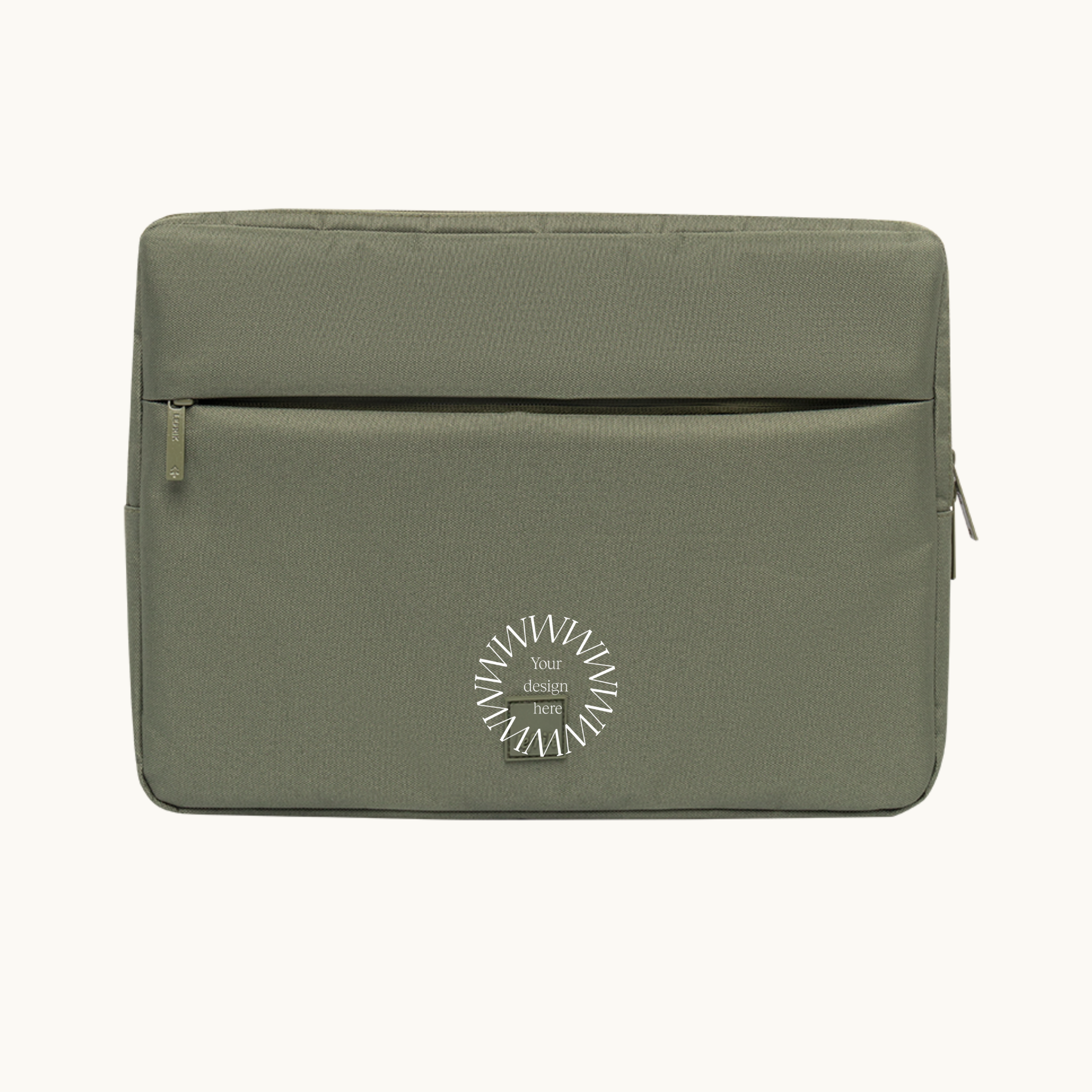 13-inch green laptop sleeve made from 10 recycled PET bottles, sustainable corporate gift.