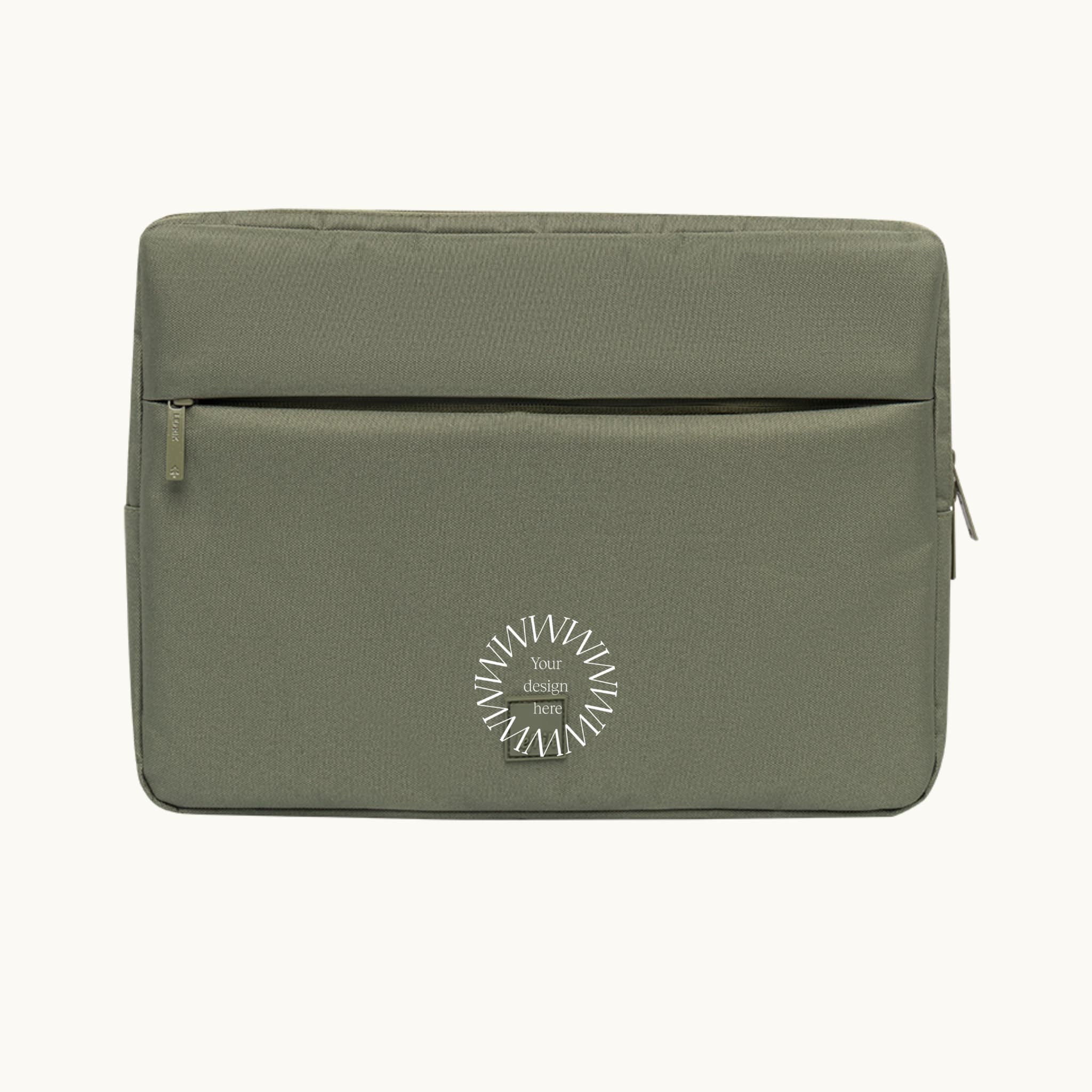 13" Laptop Sleeve in olive green, showing logo placement
