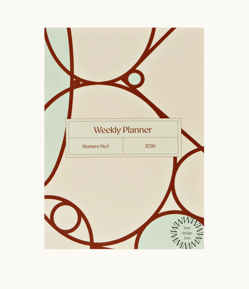 A5 2026 weekly planner with graphic print cover. Personalised corporate gift for clients and employees.