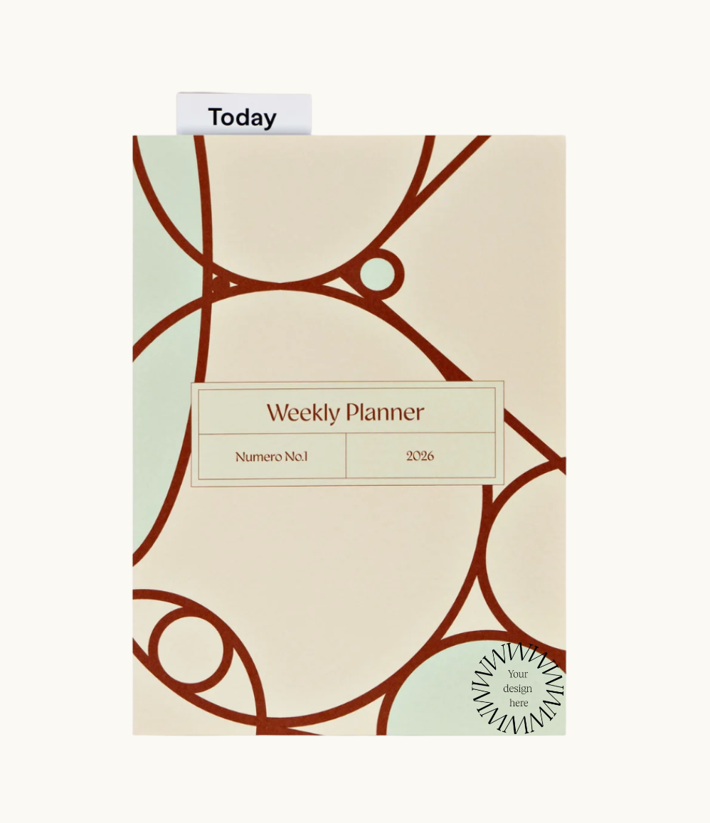 A5 2026 weekly planner with page marker. Customisable sustainable corporate gift with company logo or colours.