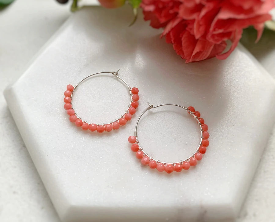 Coral beaded hoop earrings. Sustainable corporate gifts