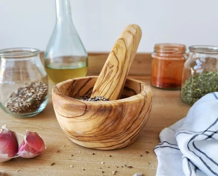 Rustic Olive Wood Mortar & Pestle. Unique corporate gifts
