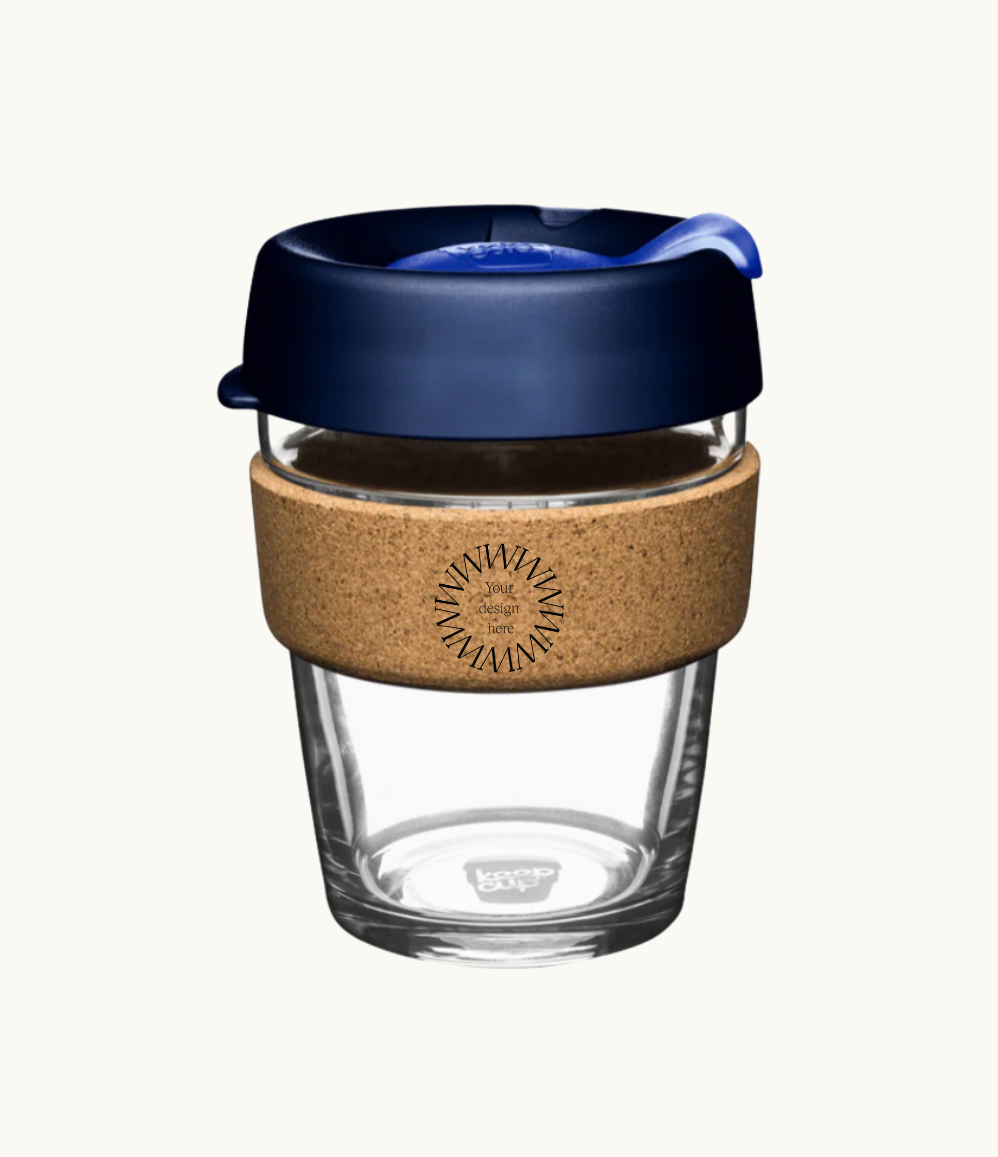 12oz reusable glass cup with natural cork band and blue lid. Sustainable corporate gifts