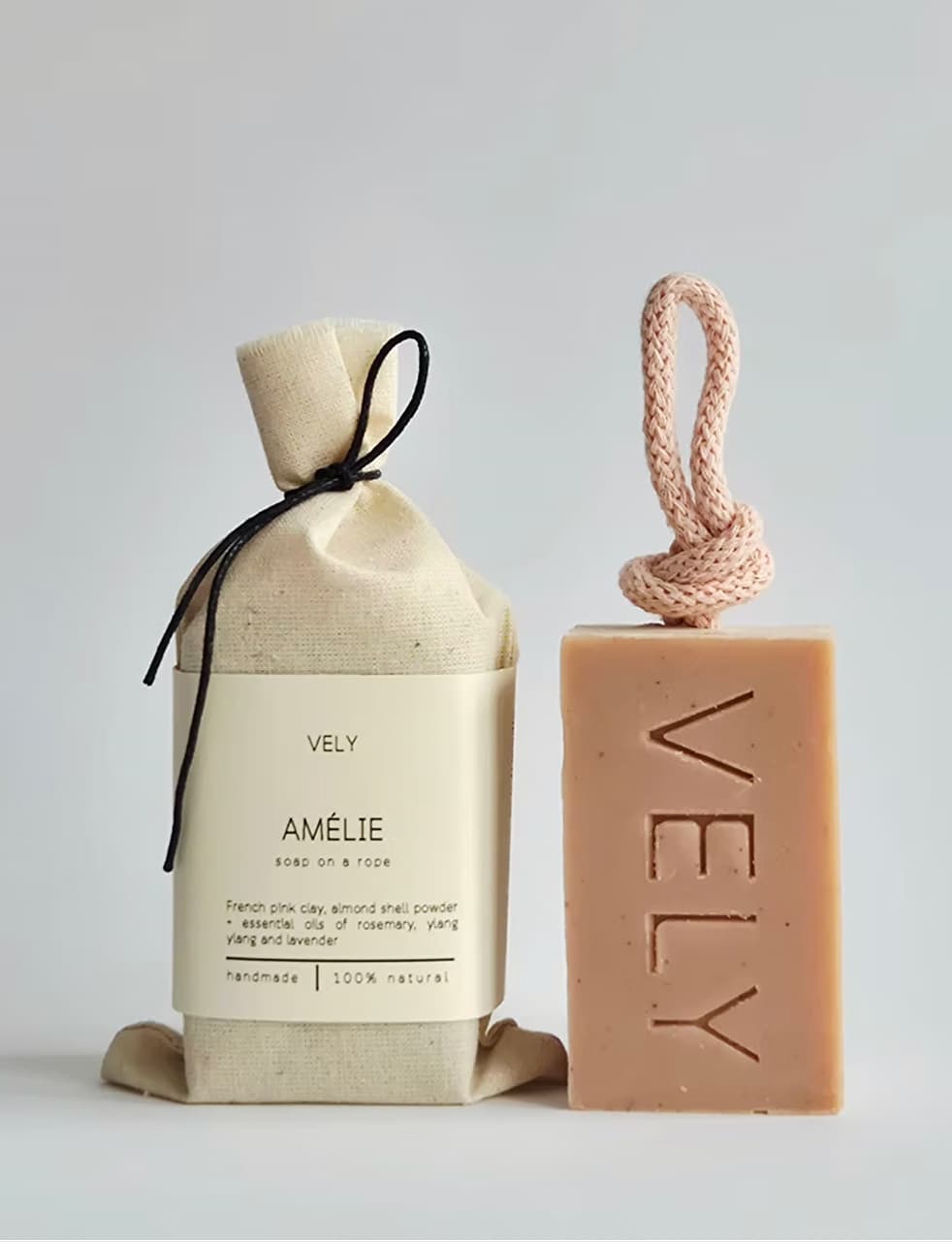 Amélie natural soap on a rope with cotton gift bag