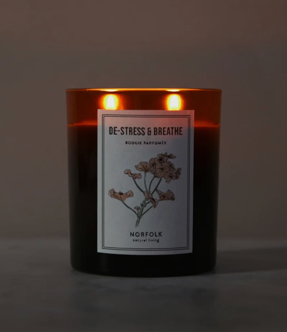 De-Stress and Breathe aromatherapy candle by Norfolk Natural Living lit with two wicks