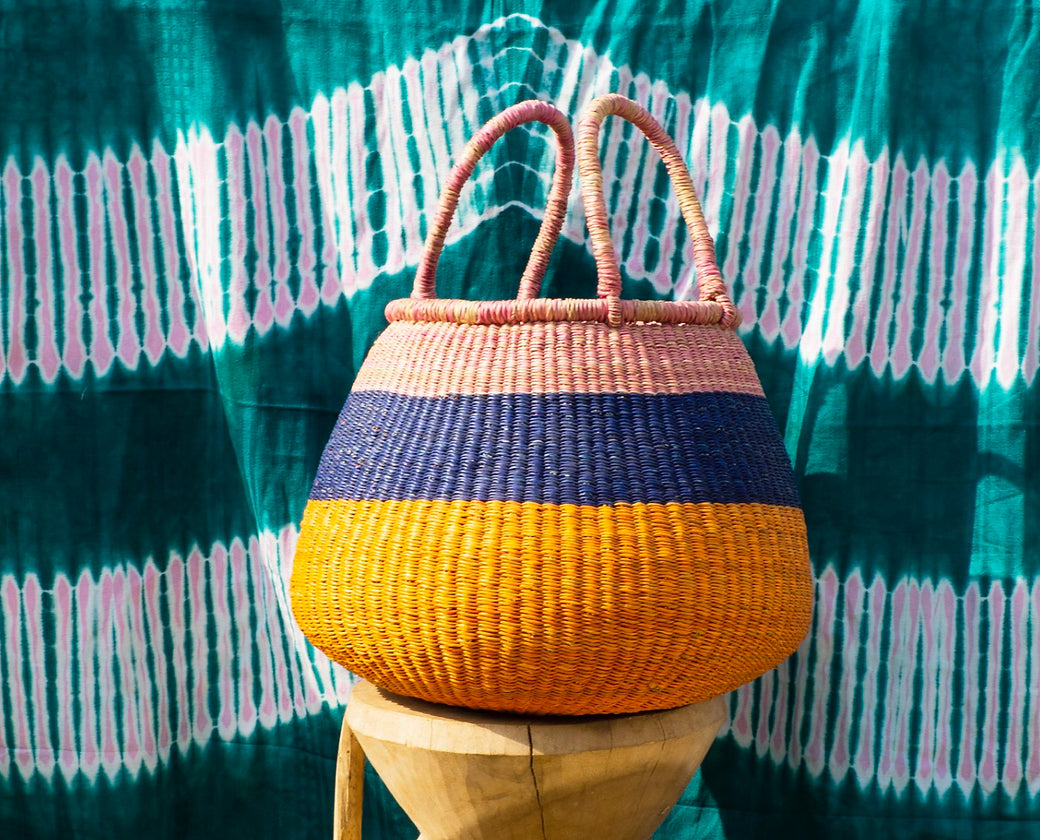 Ghanaian Bolga straw basket suitable for plants or organising small items


