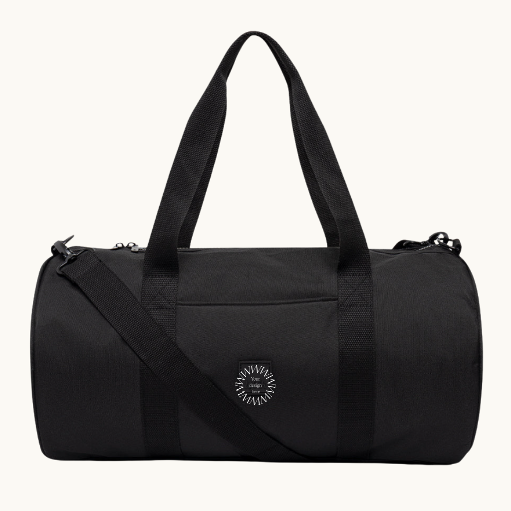 Closed black recycled PET multipurpose water resistant duffle bag practical eco swag for corporate gifts