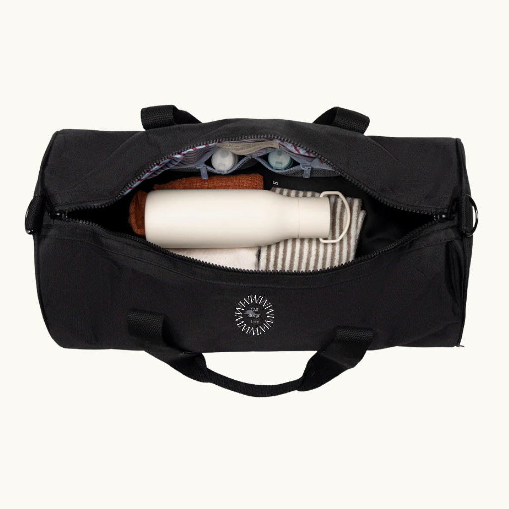 Open black recycled PET multipurpose water resistant duffle bag showing inside compartments sustainable branded merch