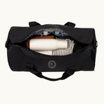 Open black recycled PET multipurpose water resistant duffle bag showing inside compartments sustainable branded merch