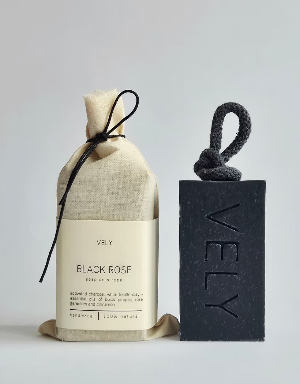 Black Rose natural soap on a rope with cotton gift bag