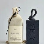 Black Rose natural soap on a rope with cotton gift bag