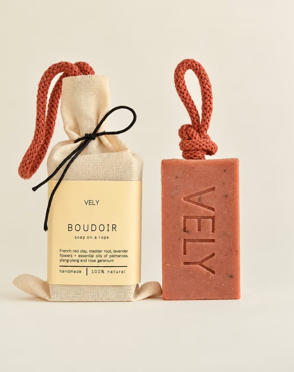 Boudoir natural soap on a rope with cotton gift bag