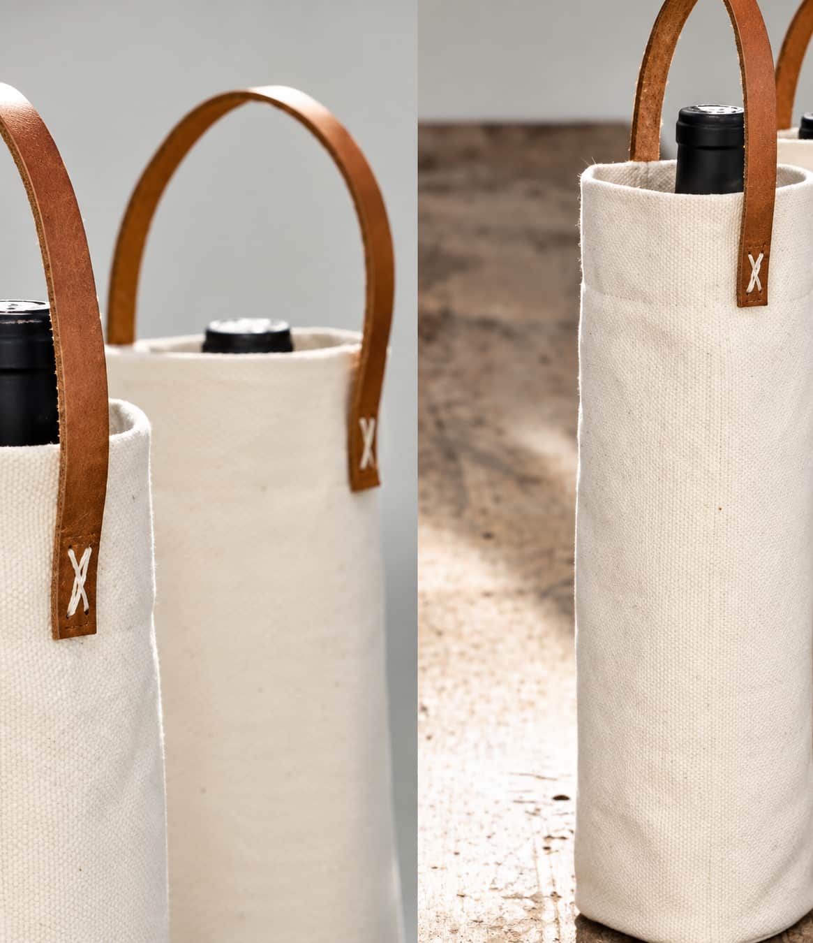 Natural canvas wine carriers with leather handles holding wine bottles